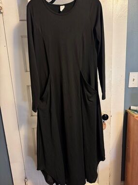 Black Long Sleeve Pocket A-Line Dress